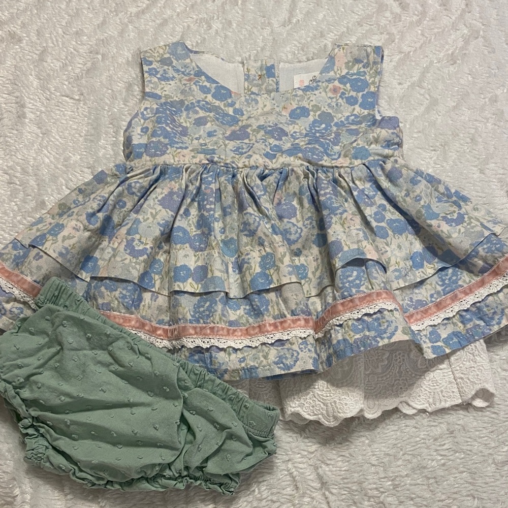 EUC SweetHoney Margo Pastel Ruffled Dress w/ Minky Bloomers